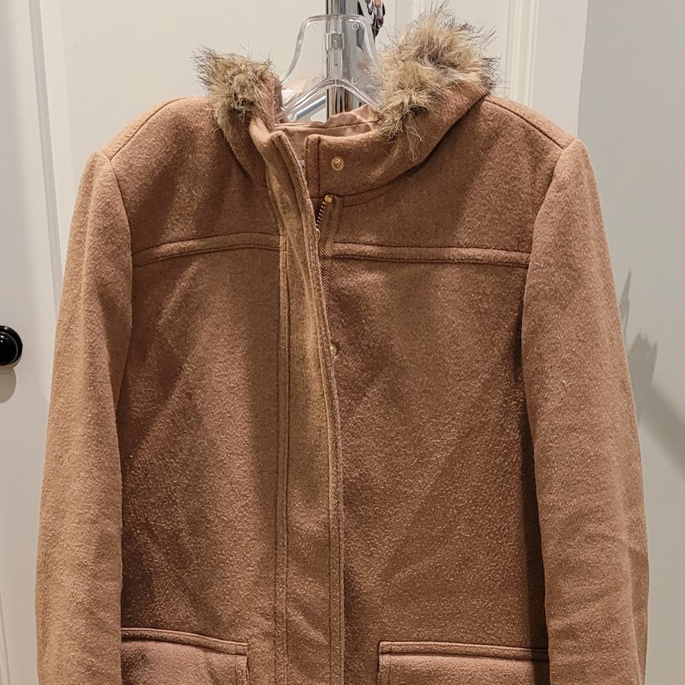 Women's J. Crew Mercantile Camel Tan Coat with Faux Fur Hood Vail Parka